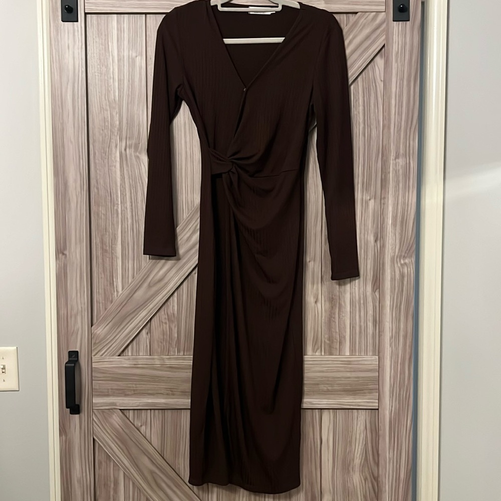 2. Shibever Brown Long Sleeve Ribbed Dress